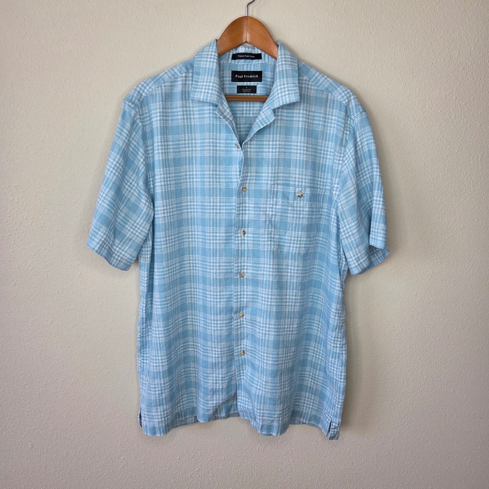 Paul Fredrick Mens Large Blue Plaid 100% Linen Short Sleeve Camp Collar Shirt